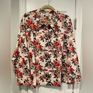 NWOT Potpourri Size 1X Rose Floral Print Button Down Denim Shacket Top Pockets